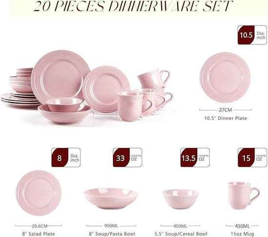 Pearl Dots Stoneware Dinnerware Set (20pc Set, Pink)