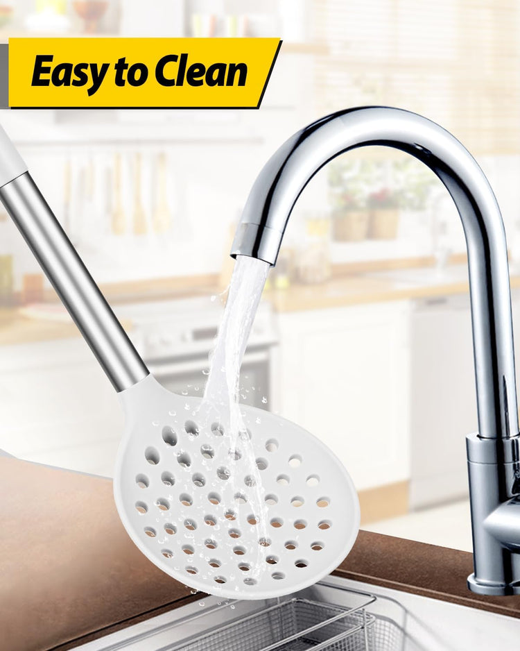 Kitchen Ladle Strainer Set of 2 Large Slotted Spoon with High Heat Resistant BPA Free Non Stick Cooking Skimmers For Draining and Frying (Black-White)