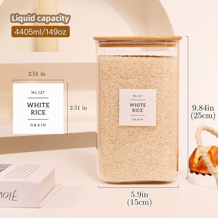 2 Pack large Square Glass Flour and Sugar Containers with 132 Kitchen Pantry Labels - Thicken 149 floz Glass Storage Jars with Airtight Bamboo Lid - Big Rice Canisters for Coffee, Pasta, Cereal