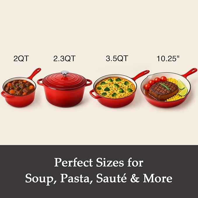 QuliMetal Nonstick Enameled Cast Iron Cookware Set, 4-Piece Pots and Pans Set with Lids, Dutch Oven for Sourdough Bread Baking, Oven Safe up to 500°F, Compatible with All Stovetops
