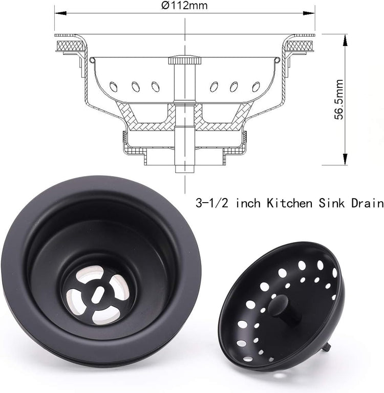 KONE 3-1/2 Inch Kitchen Sink Stainless Steel Basket Strainer Water Stopper with Drain Assembly, Black Finish Rustproof and Durable