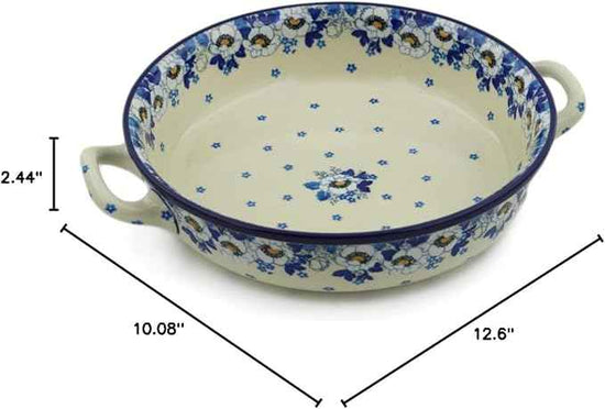 Polmedia Polish Pottery Round Baker with Handles 10-inch - Blue Spring Pattern Handmade in Boleslawiec Poland by Ceramika Artystyczna + Certificate of Authenticity
