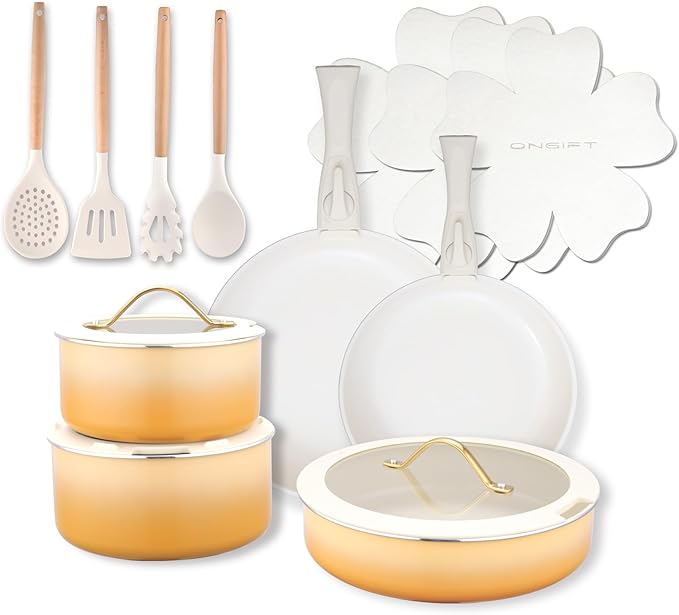 ONGIFT 20pcs Ceramic Cookware Set Nonstick, Detachable Handle Pots and Pans Set, Non Toxic,No PFAS & PTFE & PFOA, Dishwasher/Oven Safe, RV Kitchen Set Removable Handle for Cooking, Yellow