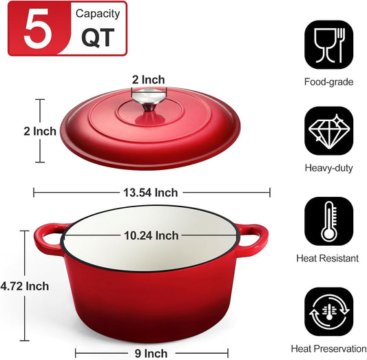 P&P CHEF 5QT Enameled Dutch Oven, Cast Iron Dutch Oven Pot with Lid for Bread Baking, Enameled Casserole Pot for Roasting Braising Stewing Frying Simmering, Various Stoves & Easy Clean, Red - Nestoria