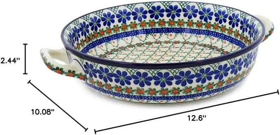 Polmedia Polish Pottery Round Baker with Handles 10-inch - Primrose Trellis Pattern Handmade in Boleslawiec Poland by Ceramika Artystyczna + Certificate of Authenticity