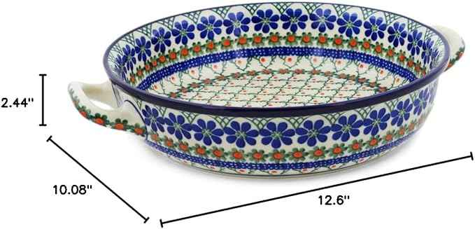 Polmedia Polish Pottery Round Baker with Handles 10-inch - Primrose Trellis Pattern Handmade in Boleslawiec Poland by Ceramika Artystyczna + Certificate of Authenticity