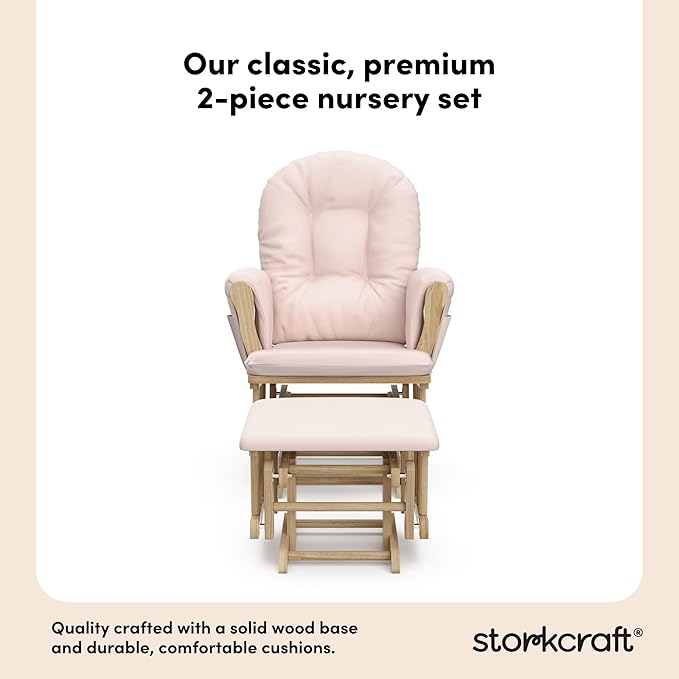 Storkcraft Premium Hoop Glider & Ottoman (Natural/Pink) — GREENGUARD Gold Certified Nursery Glider, Solid Wood Craftsmanship, Smooth-Gliding Nursery Chair and Ottoman, Award-Winning