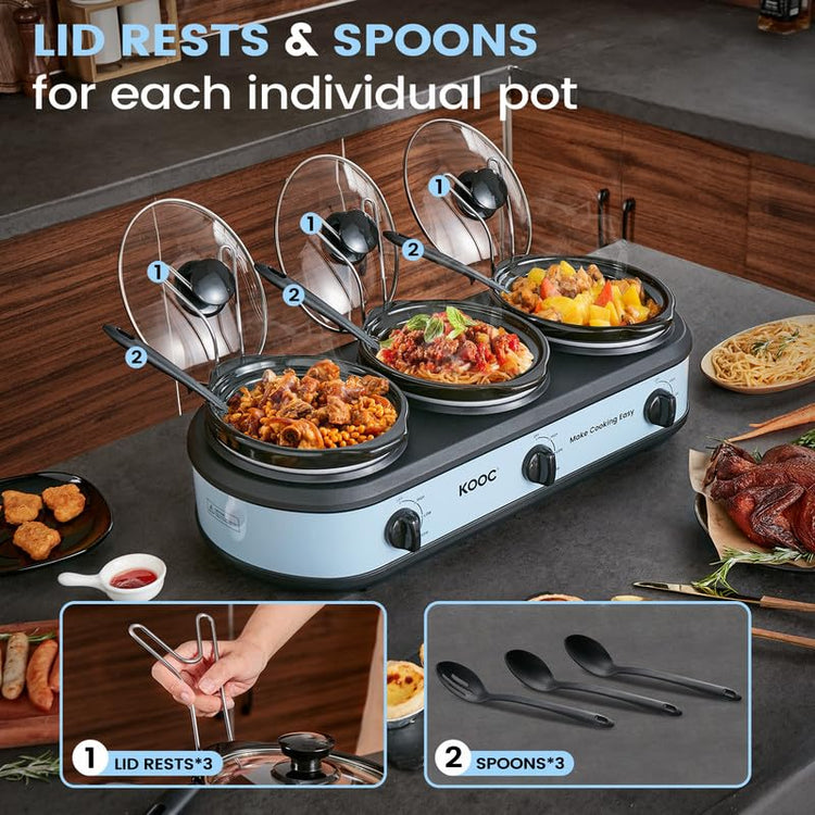 Triple Slow Cooker Buffet Server and Food Warmer 3x1.5 Quart Individual Temp Control With Lid Rests & Spoons With Liners Included Blue Grey