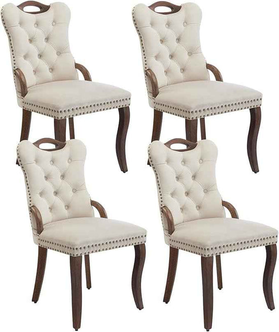 Beige Velvet Dining Chairs Set of 4，Modern Upholstered Dining Room Chairs with Tufted Back and Wood Accents, Curved Solid Wood Legs & Nailhead Trim, Sillas De Comedor Modernas 4