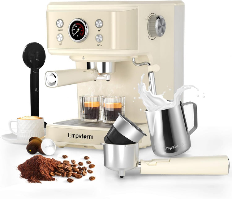Espresso Machine 20 Bar, 2 in 1 Espresso Maker with Milk Frother Steam Wand for Latte and Cappuccino, Powder and Capsule Portafilter, 50oz Removable Water Tank Coffee Machine for Home-White