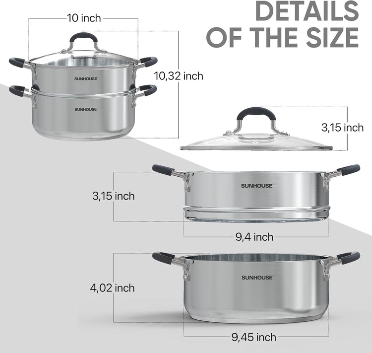 5 QT Stainless Steel Steamer Pot for Cooking with Glass Lid