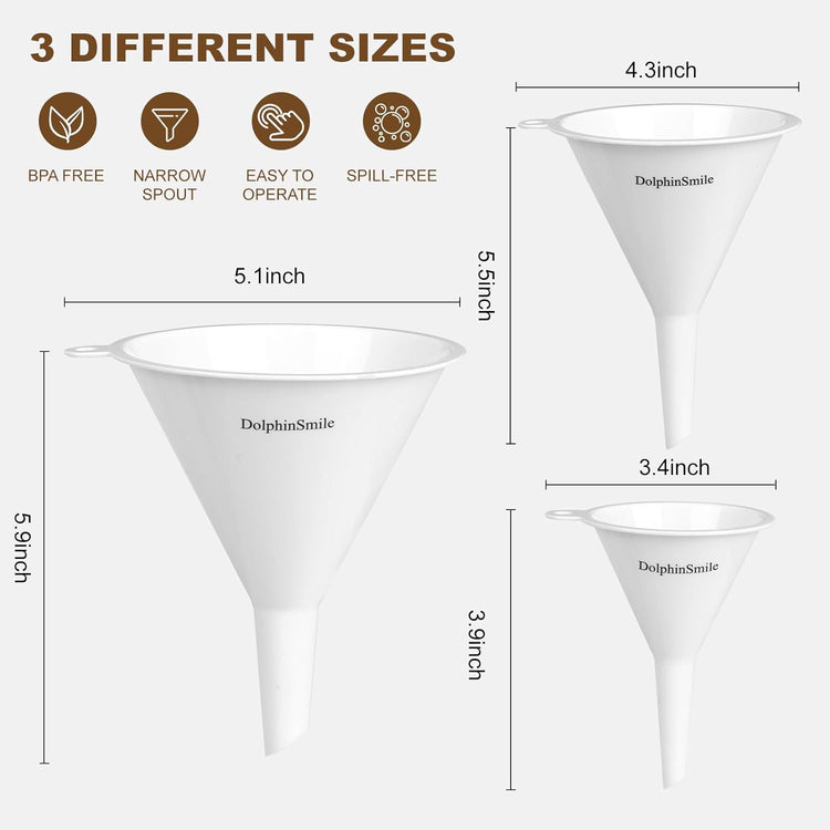 Plastic Kitchen Funnel Set of 3, Round Kitchen Funnels for Filling Bottles, Durable and Multifunctional Funnels for Filling Canning, Cooking, Lab or Car Oil (White)