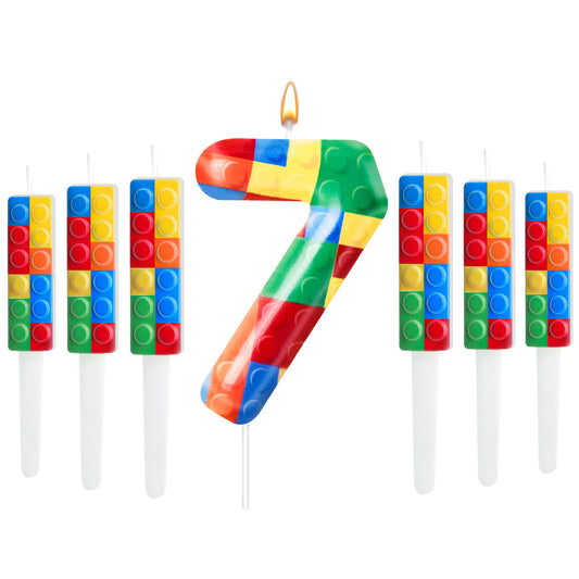 7 Pcs Building Block Themed Birthday Candles Set Building Blocks Number 7 Candle Cake Topper for Building Block Party Decoration Supplies (7 Count)
