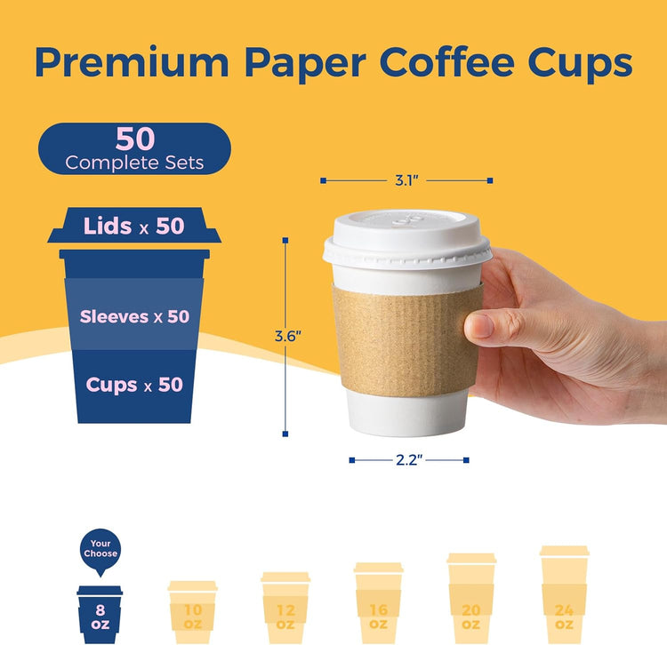 Fit Meal Prep 50 Pack 8 oz Disposable Coffee Cups with Lids, Sleeves, Leak-Proof To Go Coffee Cups with Lids, Durable Hot Paper Cups for Home, Office, Party, Business
