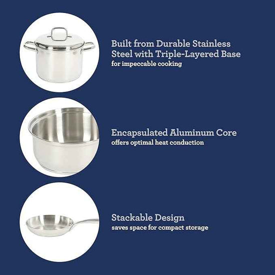 Oster Platinum Sedwick Stackable Stainless Steel Pots and Pans Cookware Set W/Domed Stainless Steel Lids W/TriPly Encapsulated Base - Induction Safe