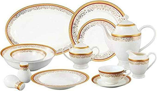 Lorren Home Trends La Luna Collection Bone China 57-Piece Red and 24K Gold Design Dinnerware Set, Service for 8