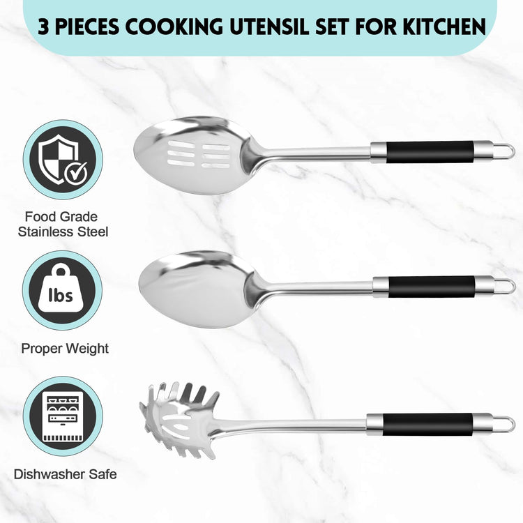 3-Piece,Stainless Steel Serving spoons set with Slotted Spoon, Serving and Spaghetti Spoon, kitchen cooking serving utensils set cooking spoon. (3 Count)