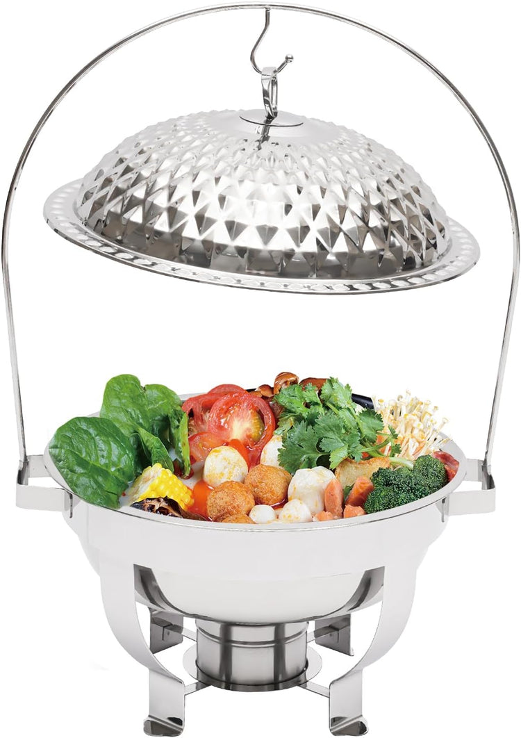 Chafing Dish Buffet Set Silver Accent, 4.5L Round Stainless Steel Chafer, Upgraded Buffet Servers and Warmers Set Warming Tray for Wedding, Parties, Banquet and Events (Silver)