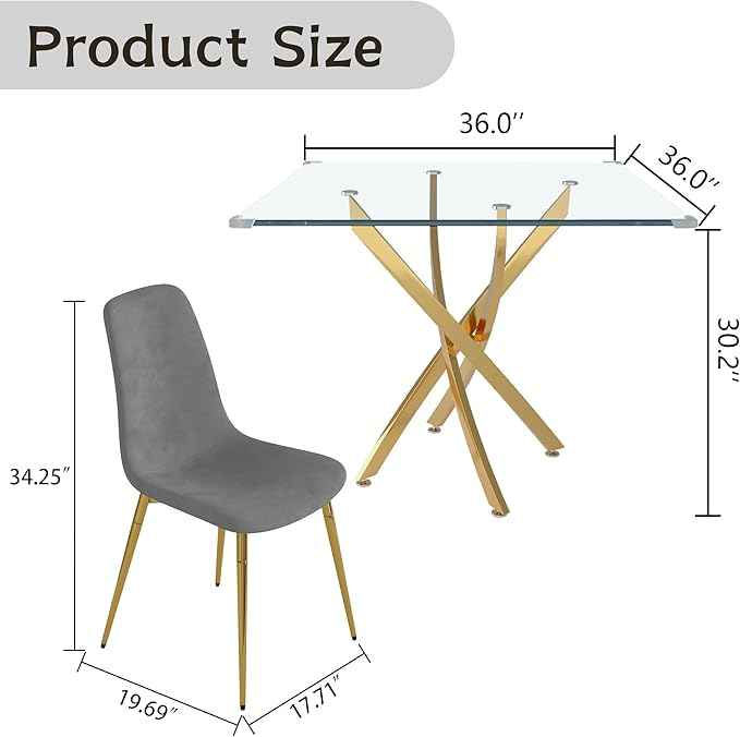 AF ARTISAN FURNITURE 36" Square Glass Dining Table Set for 4, 5-Piece Modern Kitchen Table with 4 Grey Velvet Chairs, Modern Circle Leisure Table for Home Office Dining Room Small Spaces (Gold Leg)
