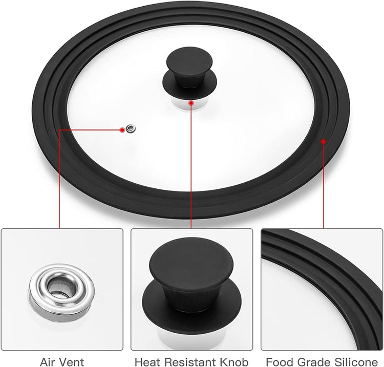 Universal Lid for Pots, Pans and Skillets, Tempered Glass Lid fit 7", 8", 9" & 10" 11" 12" Skillets, Pots, Frying Pans, Cast Iron, Crock Pot and Other Glass Covers Replacement