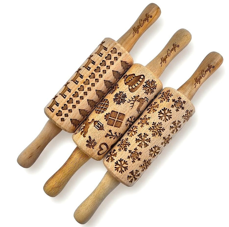 CHRISTMAS 3 Mini Embossed Rolling Pin Set Wooden Laser Engraved Textured rolling pins with Snowflakes