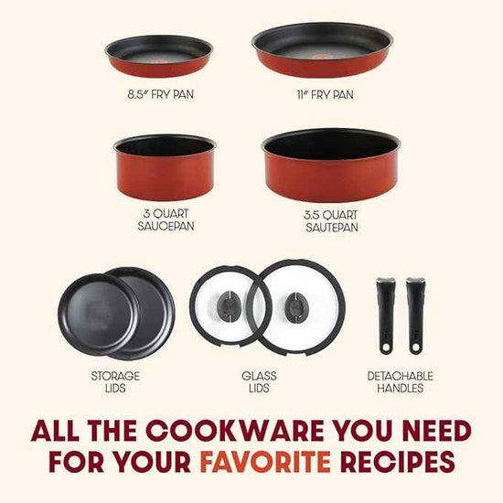T-fal Ingenio Nonstick Cookware Set, Induction, Oven Broiler Safe 500F, Cookware, Pots and Pans, RV, Camping, Oven, Broil, Dishwasher Safe, Detachable Handle, Red (Pack of 20)