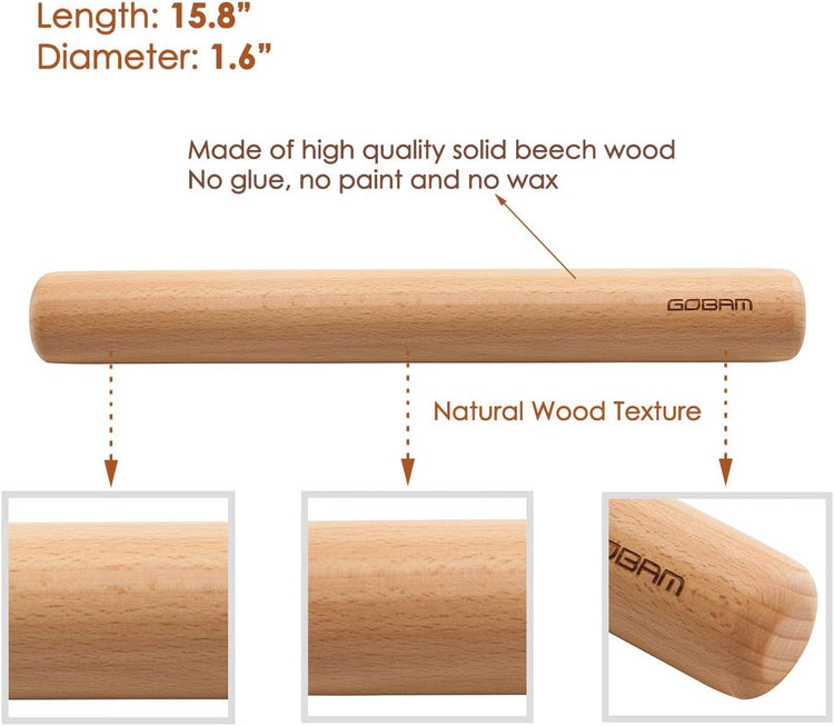 GOBAM Wood Rolling Pin, Extra Large - Dough Roller for Pasta, Cookies, Pie, Pizza, Chapati, Fondant, Rolling Pins for Baking, Bread Making Tools and Supplies - 15.8 x 1.6 Inches