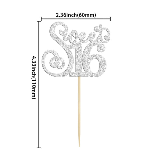 Gyufise 24 Pack Happy Sweet 16 Cupcake Toppers Glitter Sixteen 16th Birthday Cupcake Picks Cheers to 16 Years Old Cupcake Decorations for 16th Birthday Anniversary Party Cake Supplies Silver