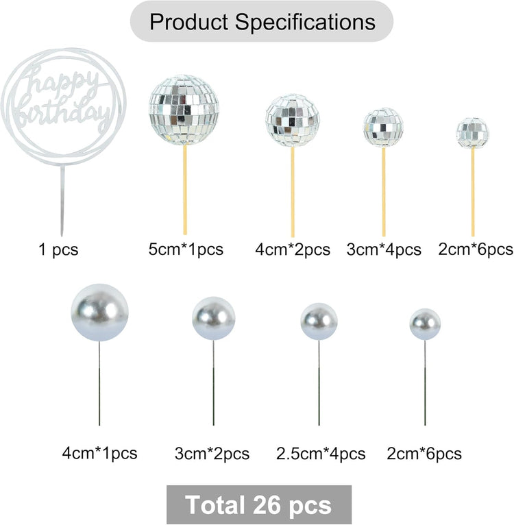 BEISHIDA 27 PCS Disco Ball Cake Toppers - Mini Mirror Ball Cupcake Toppers for Disco Theme Party, 70s 80s Party Decorations, Birthday, Wedding, Anniversary, Baby Shower, and Retro Celebration