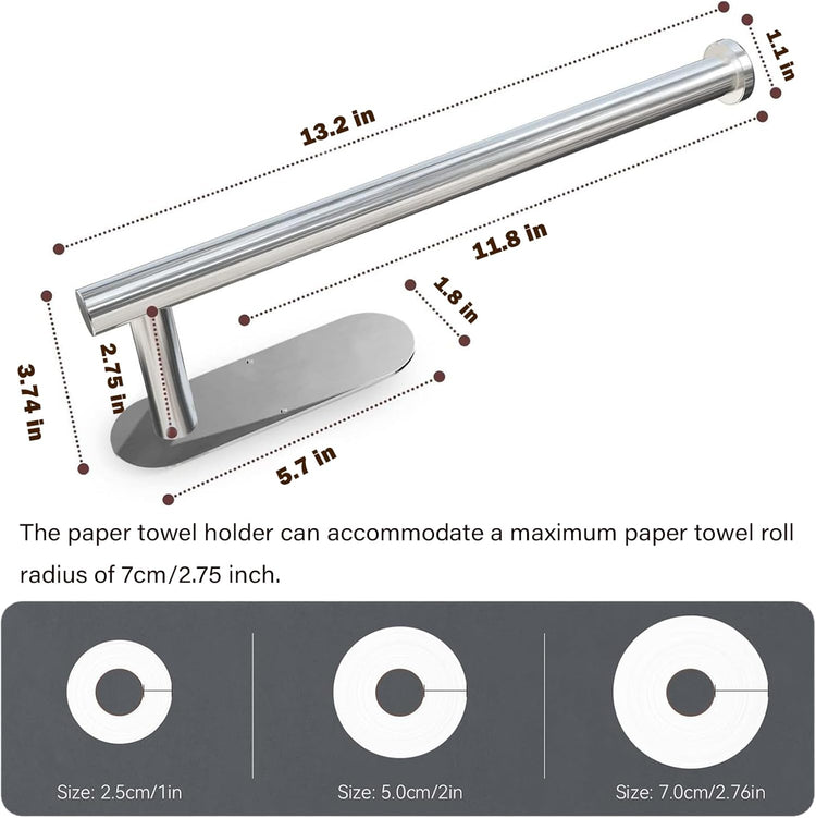Self Adhesive or Drilling Paper Towel Holder Under Cabinet,Silver Stainless Steel Hanging Paper Towel Holder Wall Mount for Kitchen Paper Towel,Under Counter Paper Towel Roll Rack for Home,Bathroom,RV