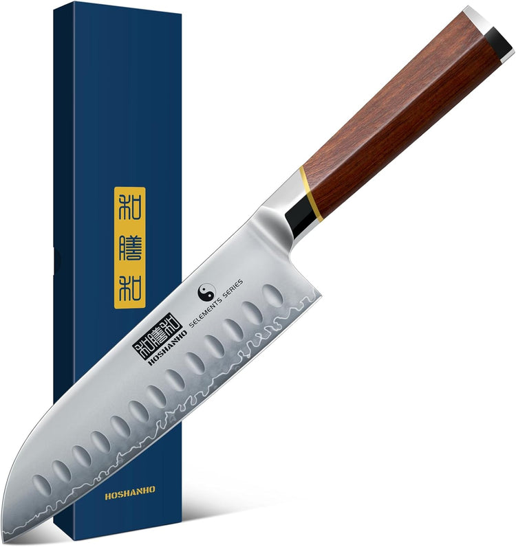 7 Inch Santoku Knife，Professional Japanese High Carbon Super Steel Chef Knife, Razor Sharp Kitchen Knife with Ergonomic Red Sandal Wooden Handle - Gift Box