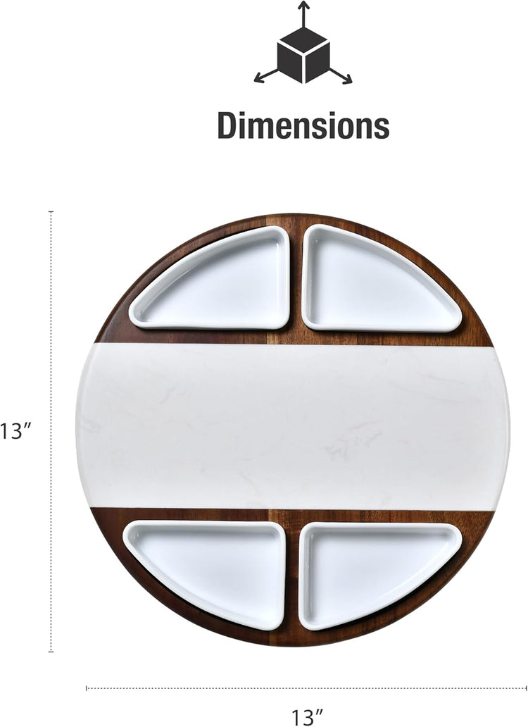 Shanik Upgraded Lazy Susan Cheese Cutting Board Set - Round Acacia Charcuterie Board With 4 Ceramic Bowls - Wedding Gifts - Cheese Serving Platter - Bridal Shower