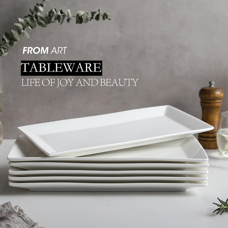 12" Serving Platters Set of 4, White Rectangular Plates, Ceramic Serving Tray, Stackable Large Party Plates for Appetizer, Dessert, Steak, Sushi, Housewarming, Oven Dishwasher Safe