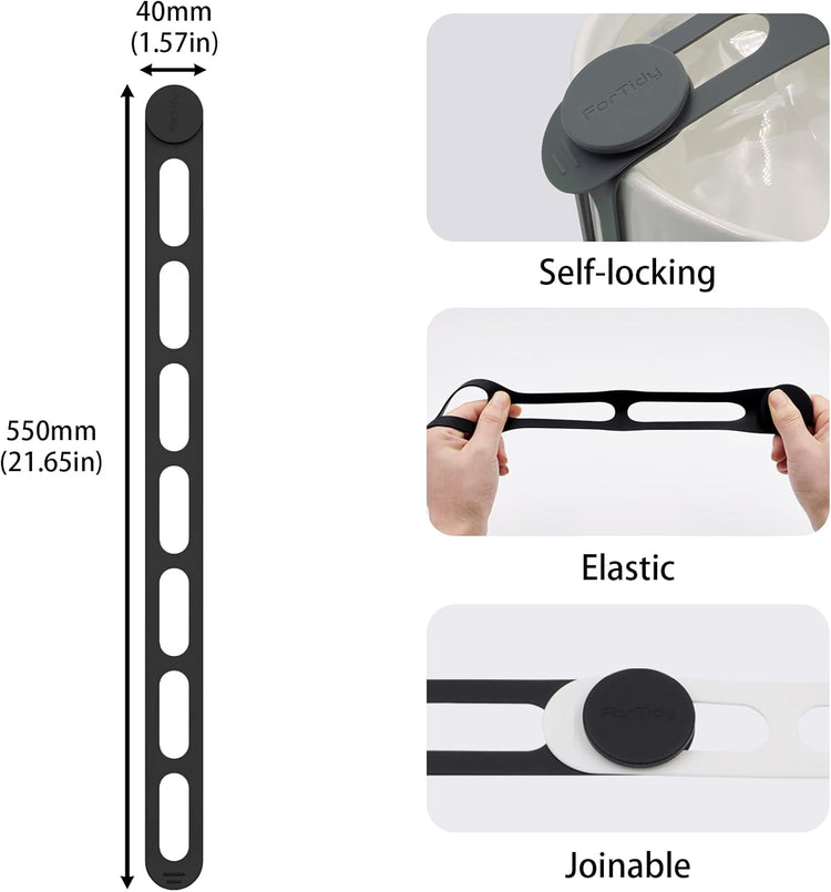 Silicone Latch Strap for Slow Cooker Lid, Pot, Bento Box, 21.65 In Reusable Elastic Self-Lock Silicone Tie for Bundling or Organizing Curtain, Cords, Yoga Mat, Camping Mat, 2pcs (Black&Gray)