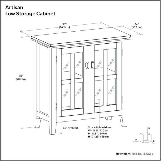 SIMPLIHOME Artisan SOLID WOOD 30 Inch Wide Contemporary Low Storage Cabinet in Farmhouse Brown, For the Living Room, Entryway and Family Room