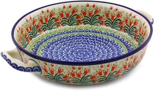 Polmedia Polish Pottery Round Baker with Handles 10-inch - Crimson Bells Pattern Handmade in Boleslawiec Poland by Ceramika Artystyczna + Certificate of Authenticity