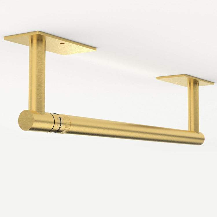 Ruacq Brushed Gold Paper Towel Holder Double Post Pivoting Square Base Under Cabinet Paper Towel Holder for Kitchen Self-Adhesive or Drill mounting