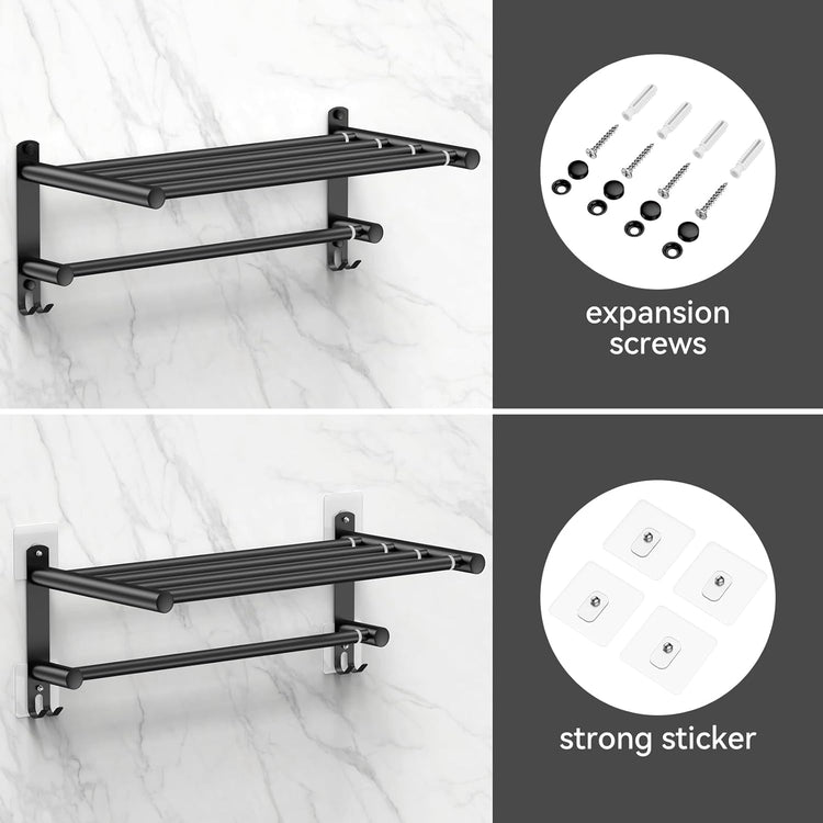 Adjustable Towel Bar for Bathroom Wall Mount17-30.7inch Adhesive Shower Towel Rack Stainless Steel Bath Towel Holders for Toilet Kitchen Double Towel Hanger (Black 2-Layer Towel Rack)