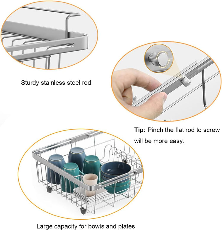 Expandable in Sink Dish Drying Rack, Adjustable Capacity (10.5''-16'') Stainless Steel Over The Sink Dish Drying Rack, Dish Drainer for Kitchen Sink Counter with Utensil Holder