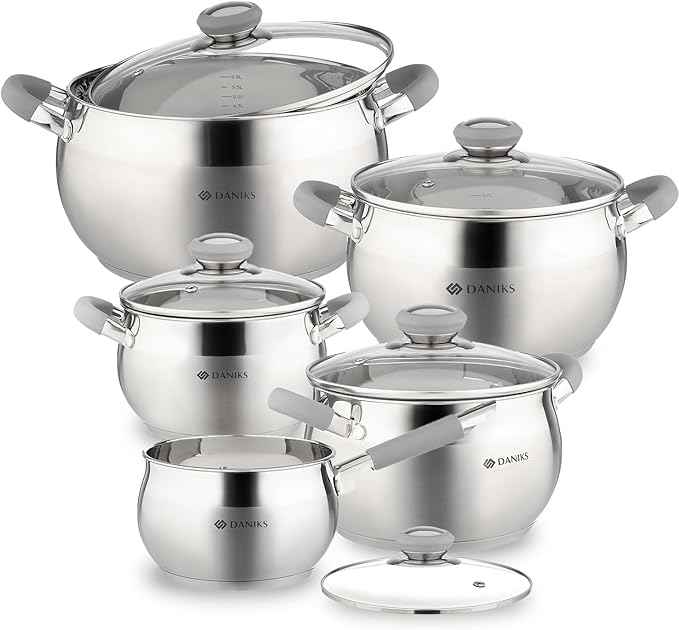Daniks Modern 10-Piece Stainless Steel Cookware Set with Glass Lids, Includes Saucepan, Tri-Ply Bases for Even Heating, Induction Compatible, Dishwasher Safe, Heatproof Handles