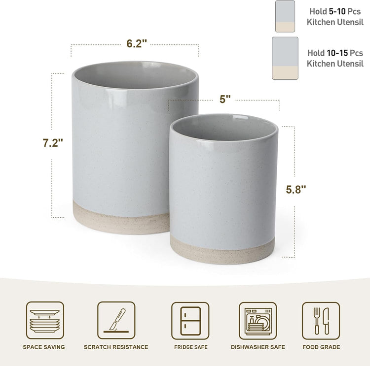 famiware Milkyway Kitchen Utensil Holder for Countertop, 7.2"+5.8" Ceramic Cooking Utensil Crocks for Counter, Utensil Organizer for Spatula & Spoon, Kitchen Decor, Set of 2, Light Gray