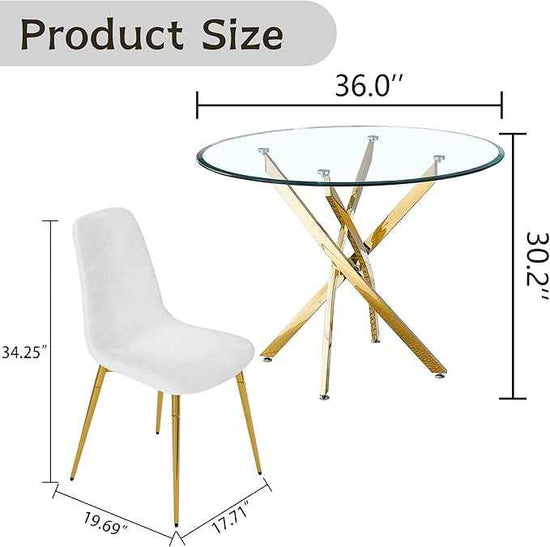 AF ARTISAN FURNITURE 36" Round Glass Dining Table Set for 4, 5-Piece Modern Kitchen Table with 4 White Velvet Chairs, Modern Circle Leisure Table for Home Office Dining Room Small Spaces (Gold Leg)