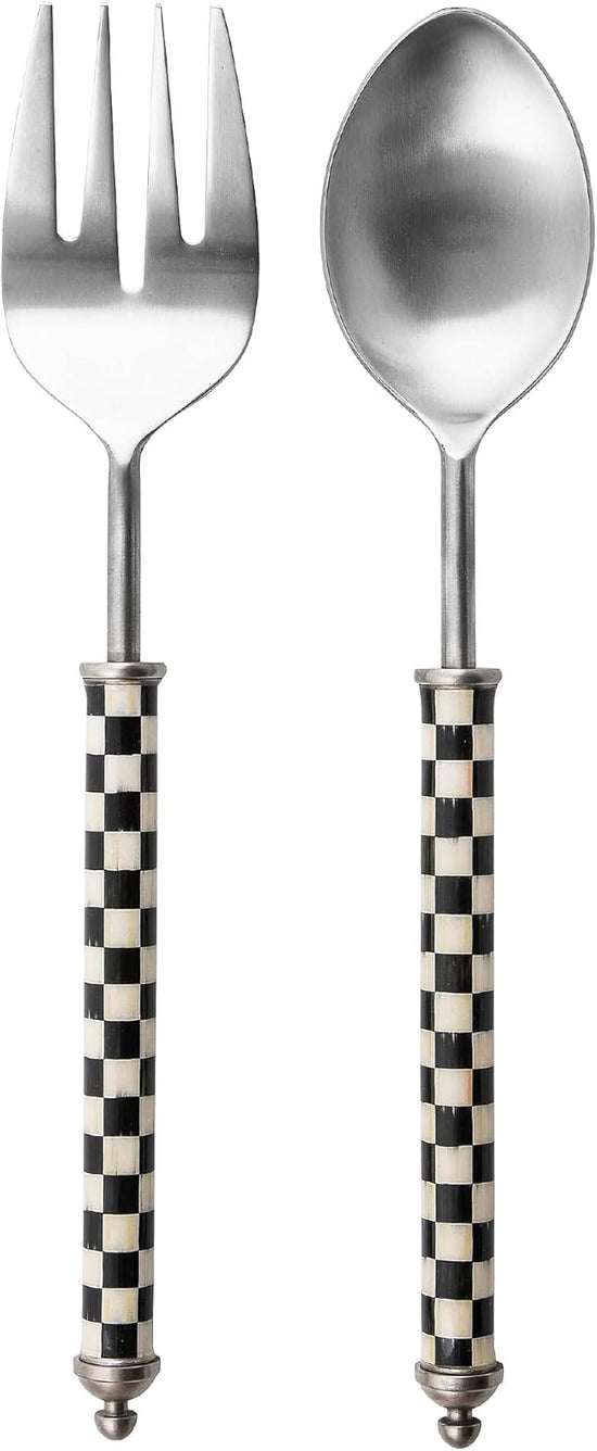 MACKENZIE-CHILDS Supper Club Salad Serving Set, Fork and Spoon Salad Servers, Decorative Kitchen Serving Utensils, Black-and-White Courtly Check