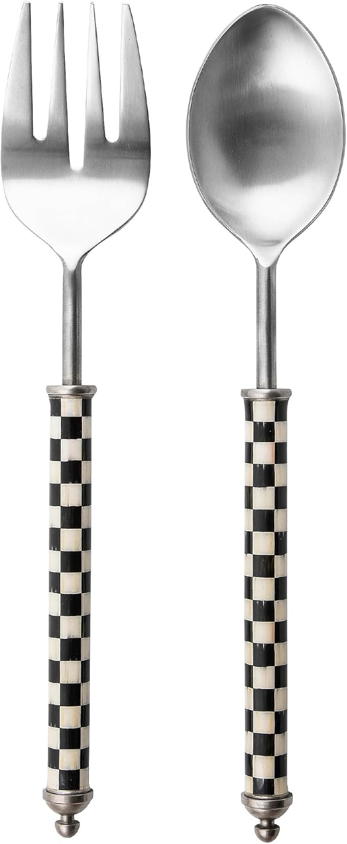 MACKENZIE-CHILDS Supper Club Salad Serving Set, Fork and Spoon Salad Servers, Decorative Kitchen Serving Utensils, Black-and-White Courtly Check