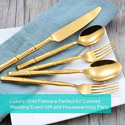 Gold Silverware Set Bamboo Pattern Handle 40