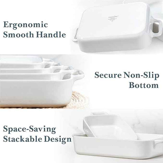 ONEMORE Casserole Dishes for Oven,9.5"x15.4" Baking Dishes Set of 4,Ceramic Bakeware Sets with Handles for Cooking, Baking,Serving, Wedding and Gifting, Baking Pan White , Microwave & Dishwasher Safe(7.5"/11.2"/13.4"/15.4")