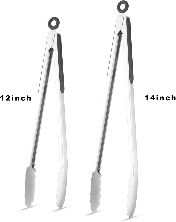 304 Stainless Steel Kitchen Cooking Tongs, 12" and 14" Set of 2 Sturdy Grilling Barbeque Brushed Locking Food Tongs with Ergonomic Grip, Black