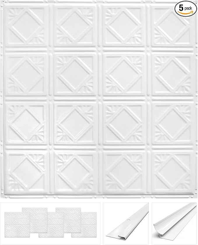 American Tin Ceilings Tin Backsplash [5-Pack with Trim Kit] in Pattern #19 and Bright White Satin Color 24" x 24" (20 Sq Ft) for Kitchens | Genuine Tin | Made in The USA | Model: kit-b-p19-wbs