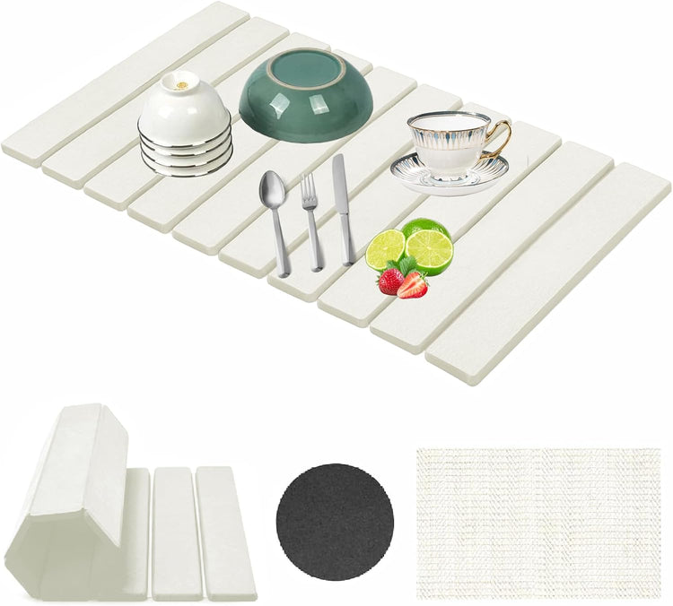 Stone Drying Mat for Kitchen Counter, Collapsible Dish Drying Mat, Fast Drying Diatomaceous Earth Dish Drying Mats, Water Absorbent Diatomite Kitchen Mat (white, medium)