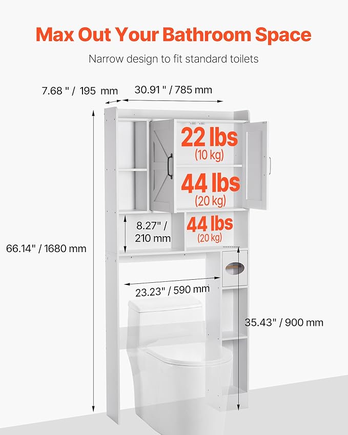 VEVOR Over The Toilet Storage Cabinet, 66.14‘’ Height Bathroom Storage Cabinet Over Toilet with Barn Door and Adjustable Shelf, Bathroom Space-Saving Toilet Rack White Wood with Open Shelf